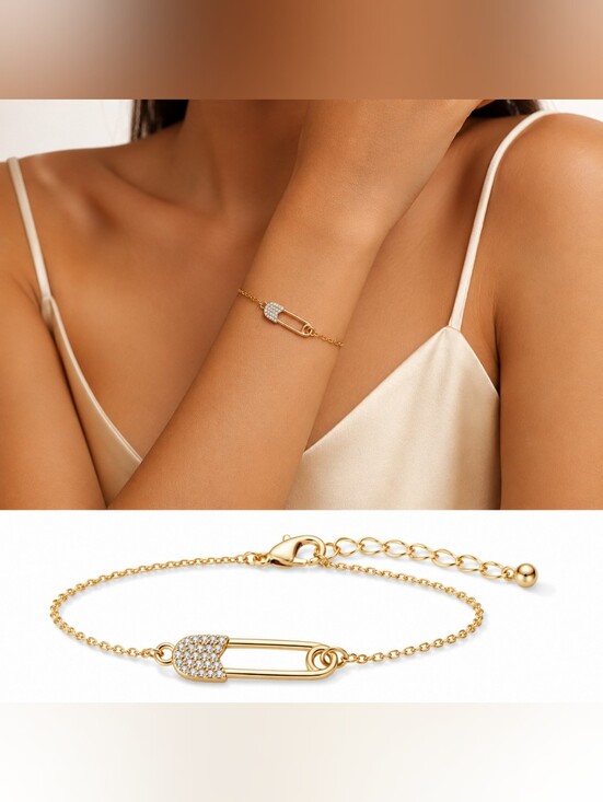Jewelry - NWT Gold Tone Cubic Zirconia Safety Pin Chain Bracelet